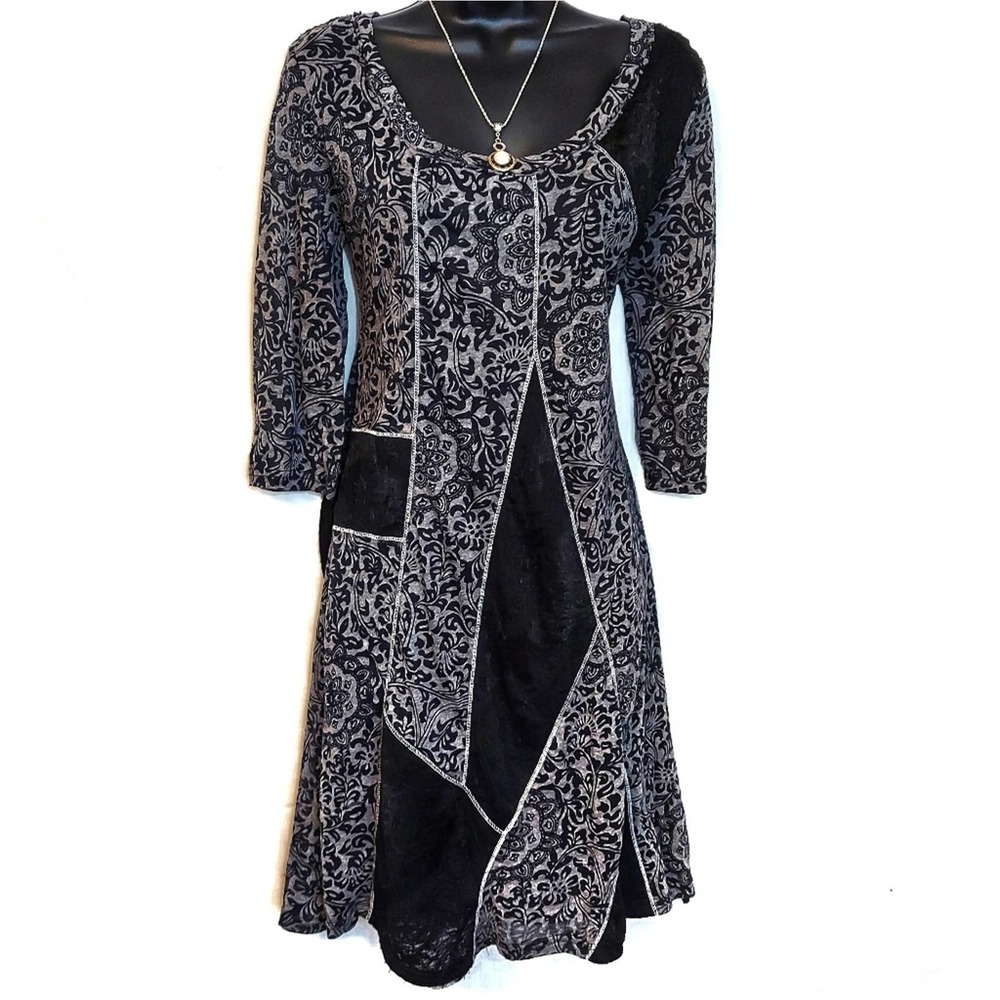 Papillon Patchwork Long Sleeve A-Line Dress Gray